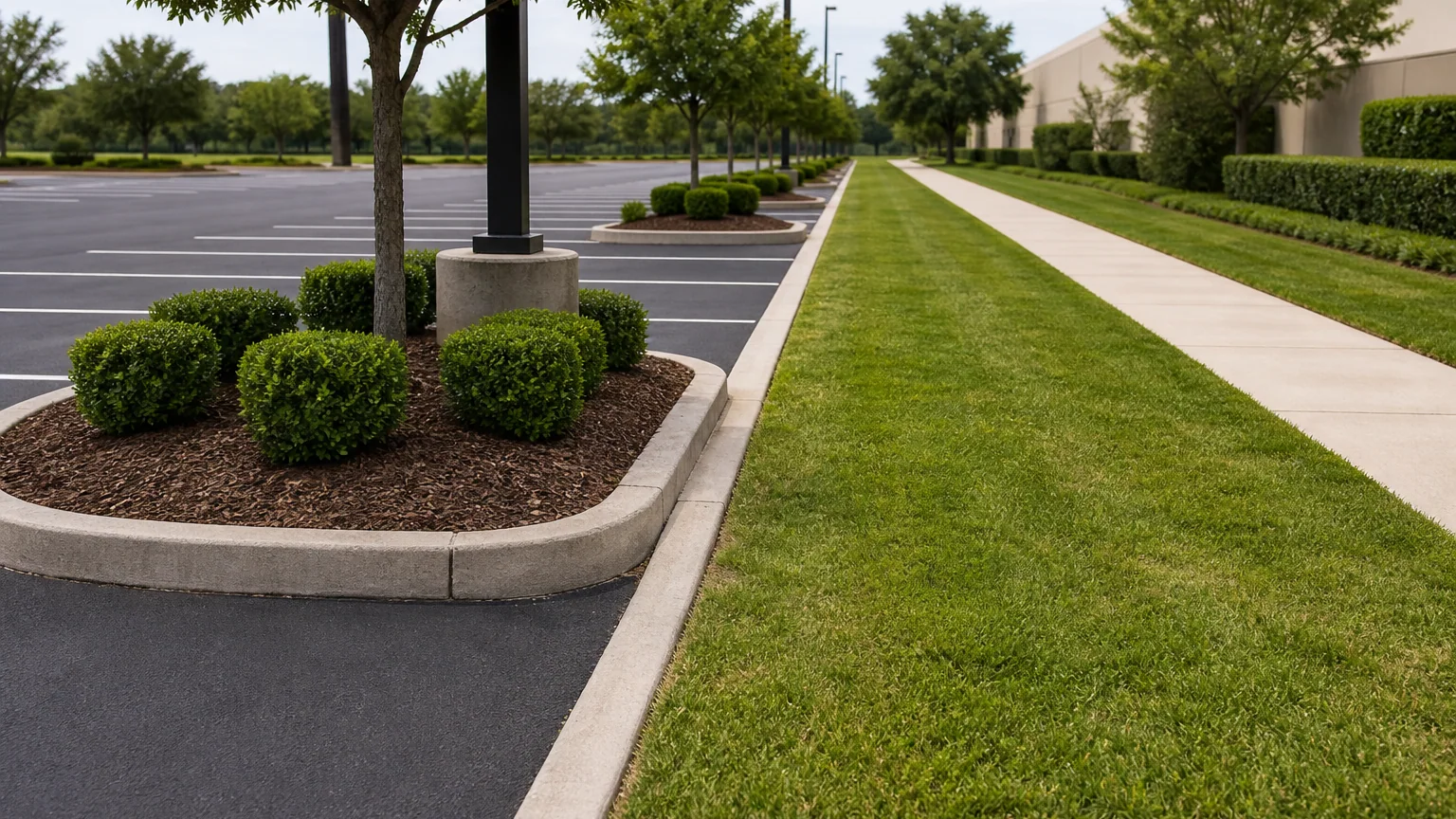 A commercial parking area with curbed planting islands of clipped shrubs and small trees, and a broad strip of mown turf running between the asphalt and a walkway