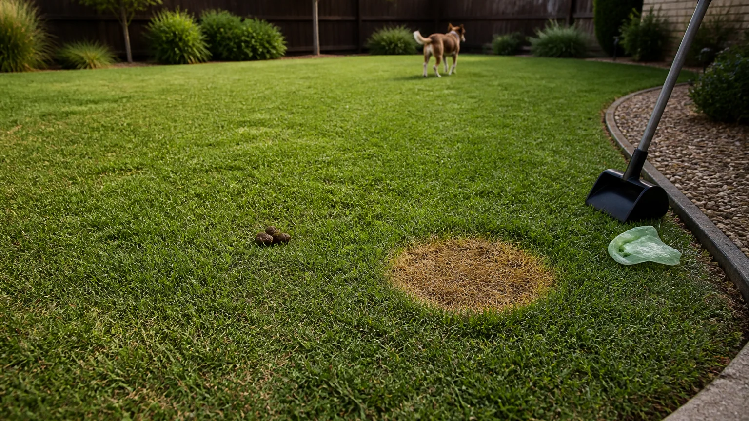 A backyard lawn with a small pile of dog waste, a separate round dead grass spot, a pet-waste scoop, and a dog walking away