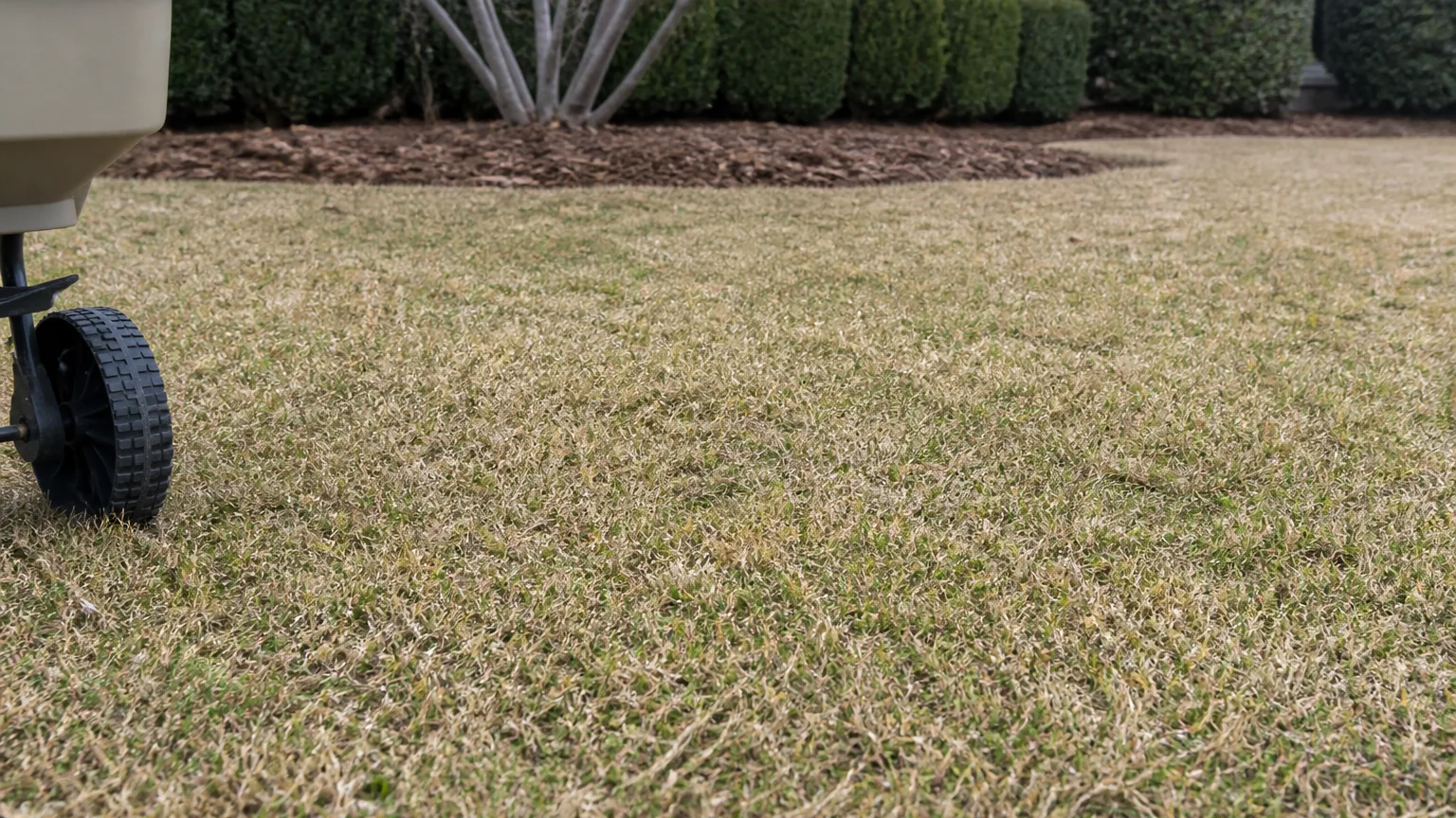 A lawn still coming out of winter dormancy, straw-tan through the canopy with new green pushing up underneath, and a broadcast spreader at the edge of the frame