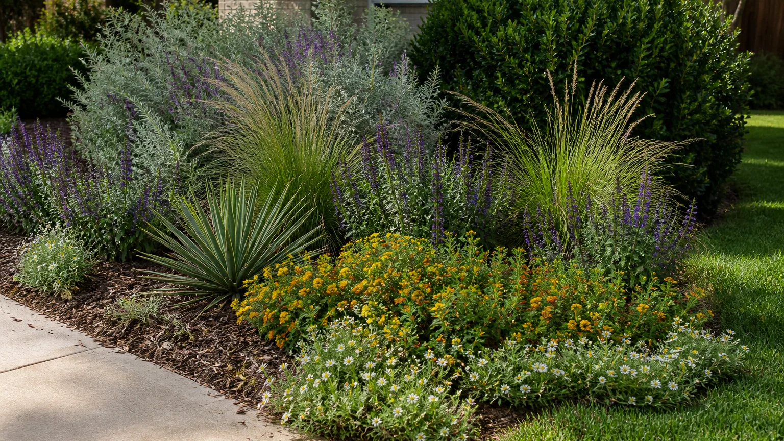 A mixed low-water planting bed in a North Texas front yard, with silver-leaved shrubs, ornamental grasses, purple flower spikes, and low yellow and white blooms