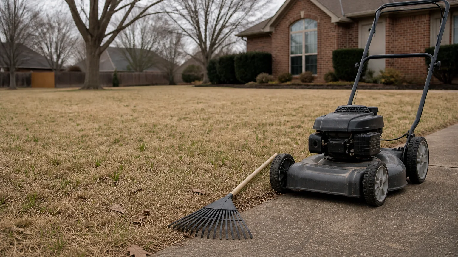 A mower and leaf rake parked beside a mostly dormant early-spring lawn with new green shoots beginning to emerge