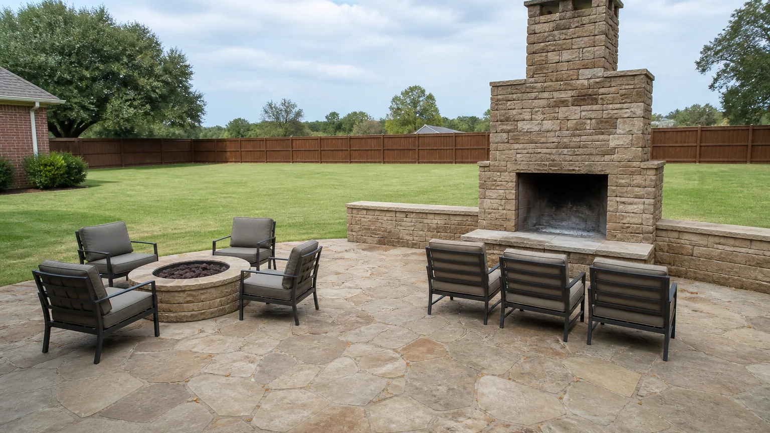 A low circular stone fire pit with chairs ringed around it on a flagstone patio, and a tall stone outdoor fireplace anchored to a low stone wall with chairs in a row facing it
