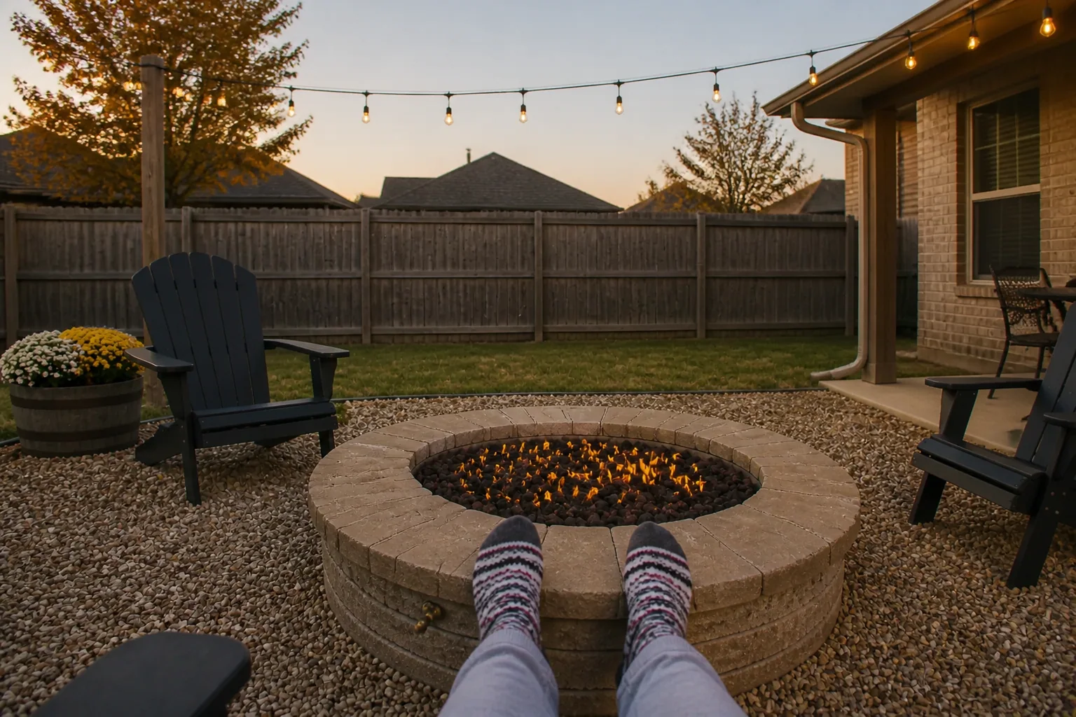 A low round stone fire pit with gas flames over lava rock, feet resting on its stone cap, ringed by Adirondack chairs on gravel in a fenced backyard with string lights above