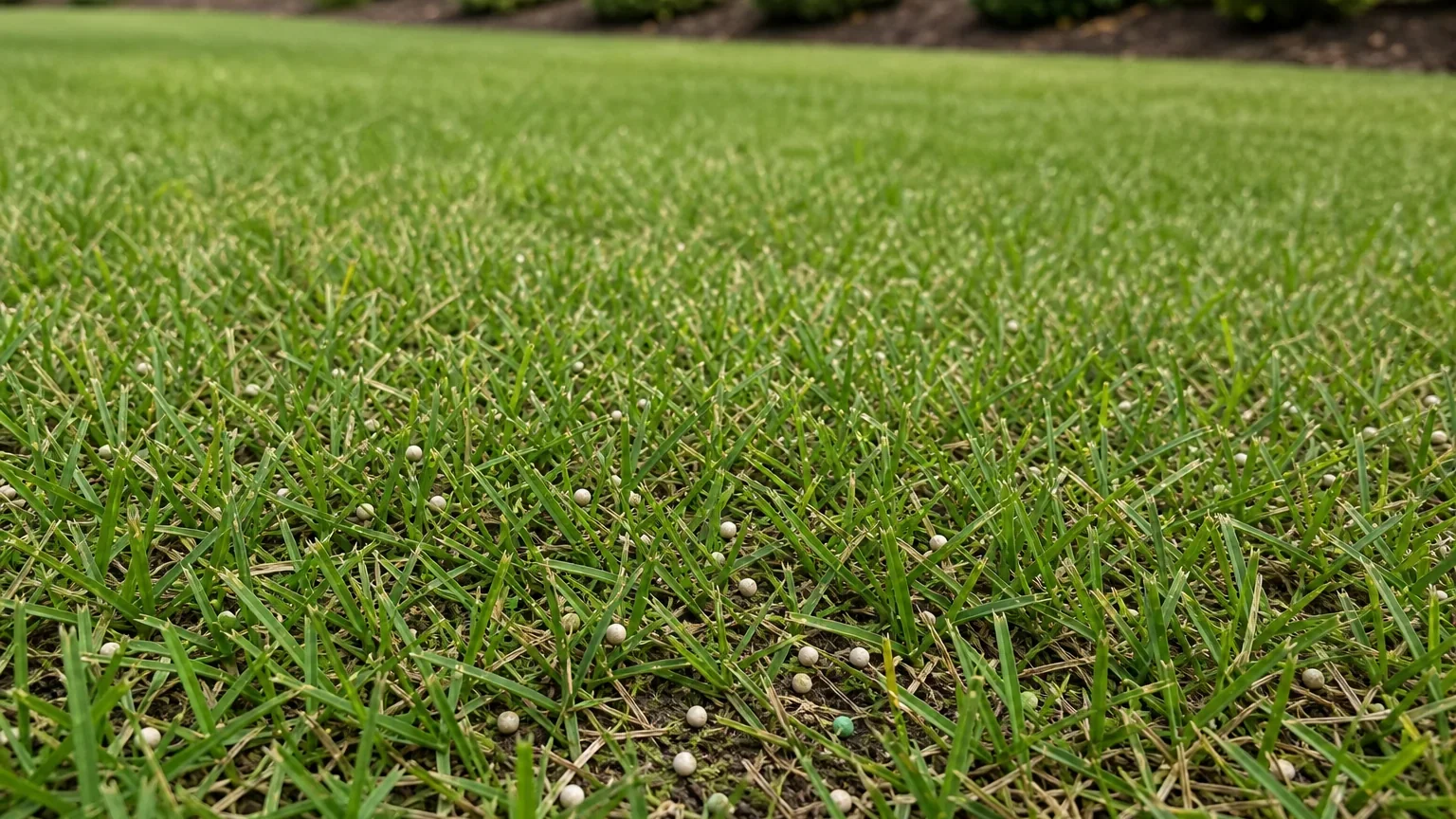 Small granules scattered lightly across a green lawn, with a mulched shrub bed soft in the background