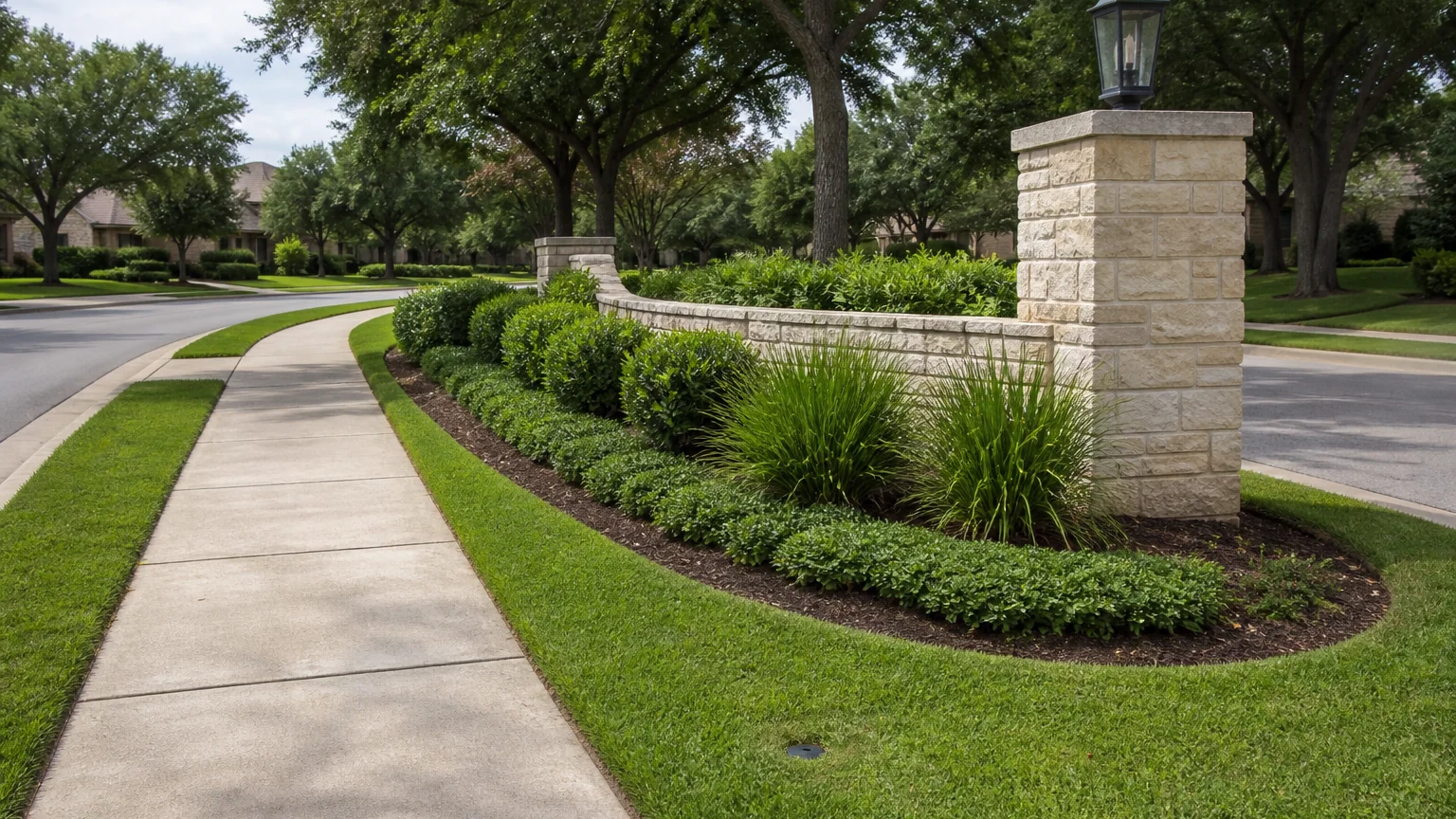 A neighborhood entrance island of clipped shrubs and ornamental grasses in fresh mulch at the foot of a low stone wall, the turf mown to a clean edge along the sidewalk