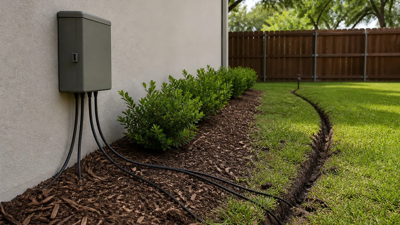 A closed metal transformer box on a wall above a mulched bed, four black cables leaving it, two of them running on into a narrow trench cut across the lawn toward a path light