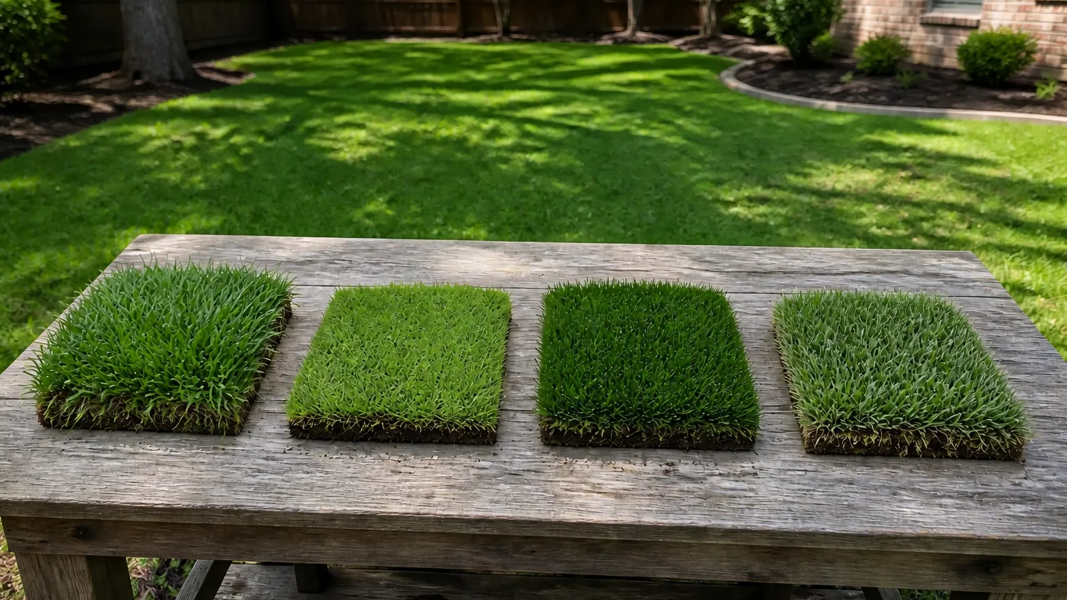 Four square living-turf samples with different blade widths and densities laid out on a weathered wooden table beside a backyard lawn