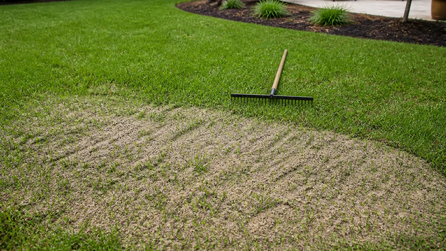 A thin layer of leveling mix spread over a low spot in a North Texas lawn, grass tips showing through, with a garden rake set down nearby
