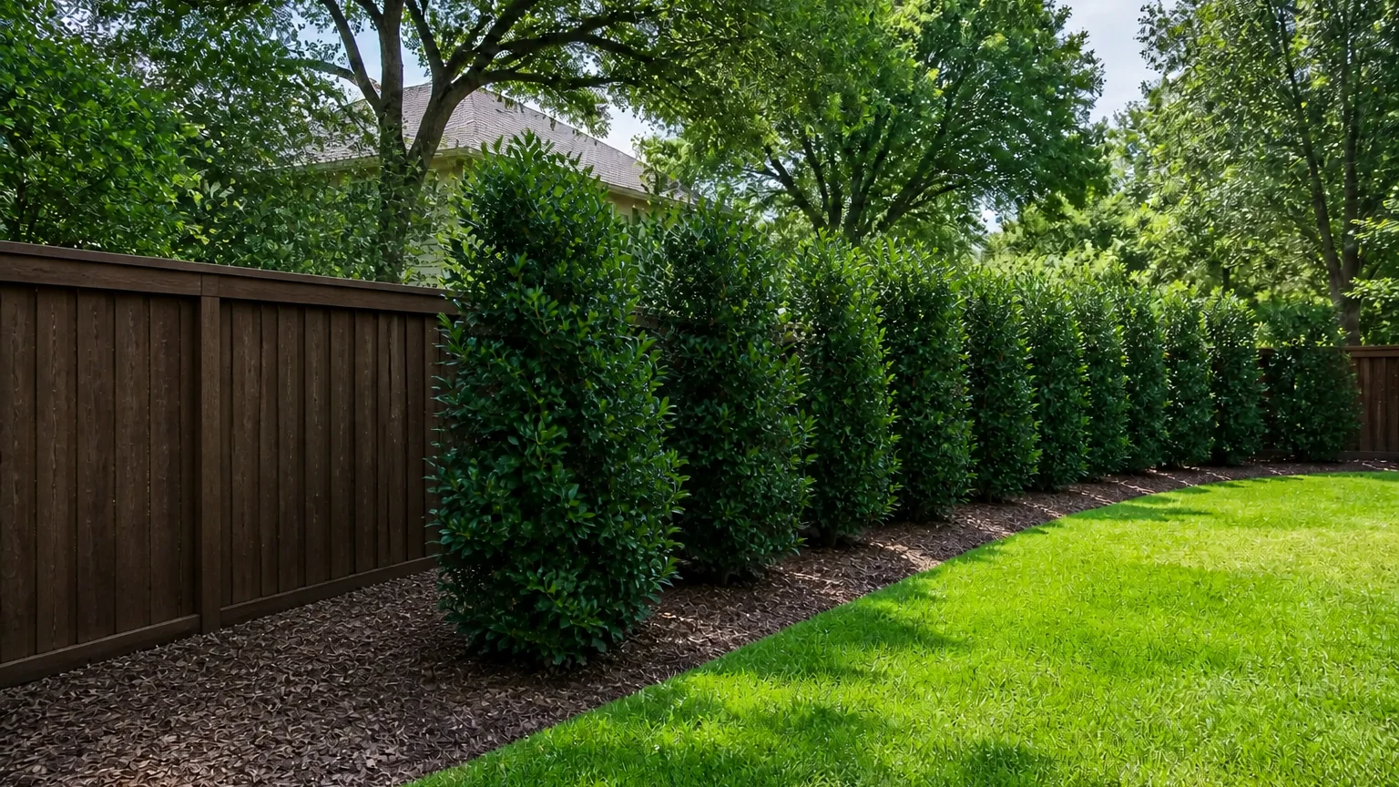 A row of tall broadleaf shrubs planted in a mulched bed several feet inside a stained cedar fence, with tree canopy above screening the roofline of a neighbouring house