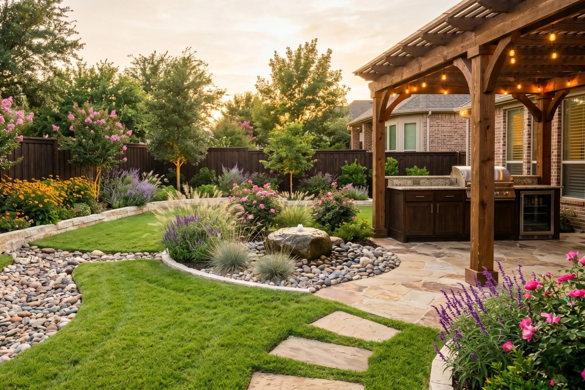 A backyard at dusk with a cedar pergola over an outdoor kitchen, a flagstone patio, and a dry creek bed of river rock