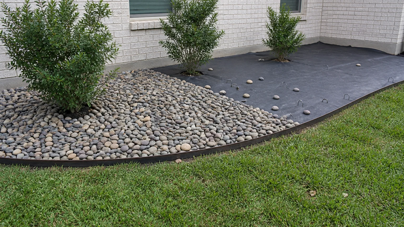 River rock spread over pinned landscape fabric in a half-finished planting bed, with steel edging separating it from a North Texas lawn