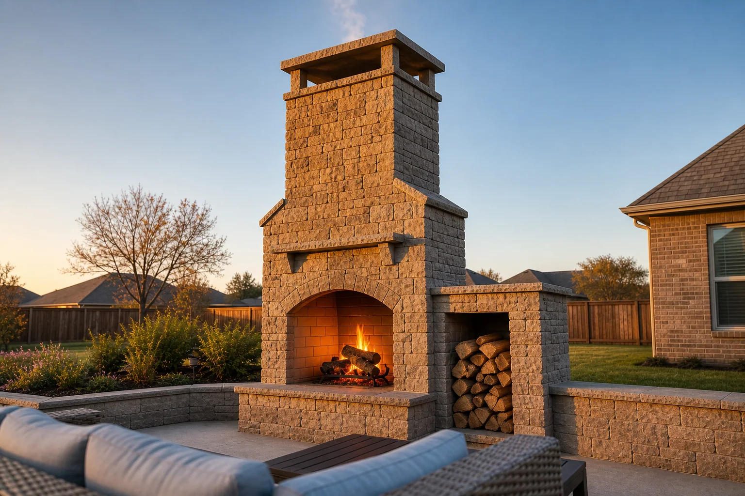 A tall stone outdoor fireplace with a wood fire burning on a grate, smoke rising from its chimney, split firewood in a built-in bay beside it, and a low seat wall wrapping around