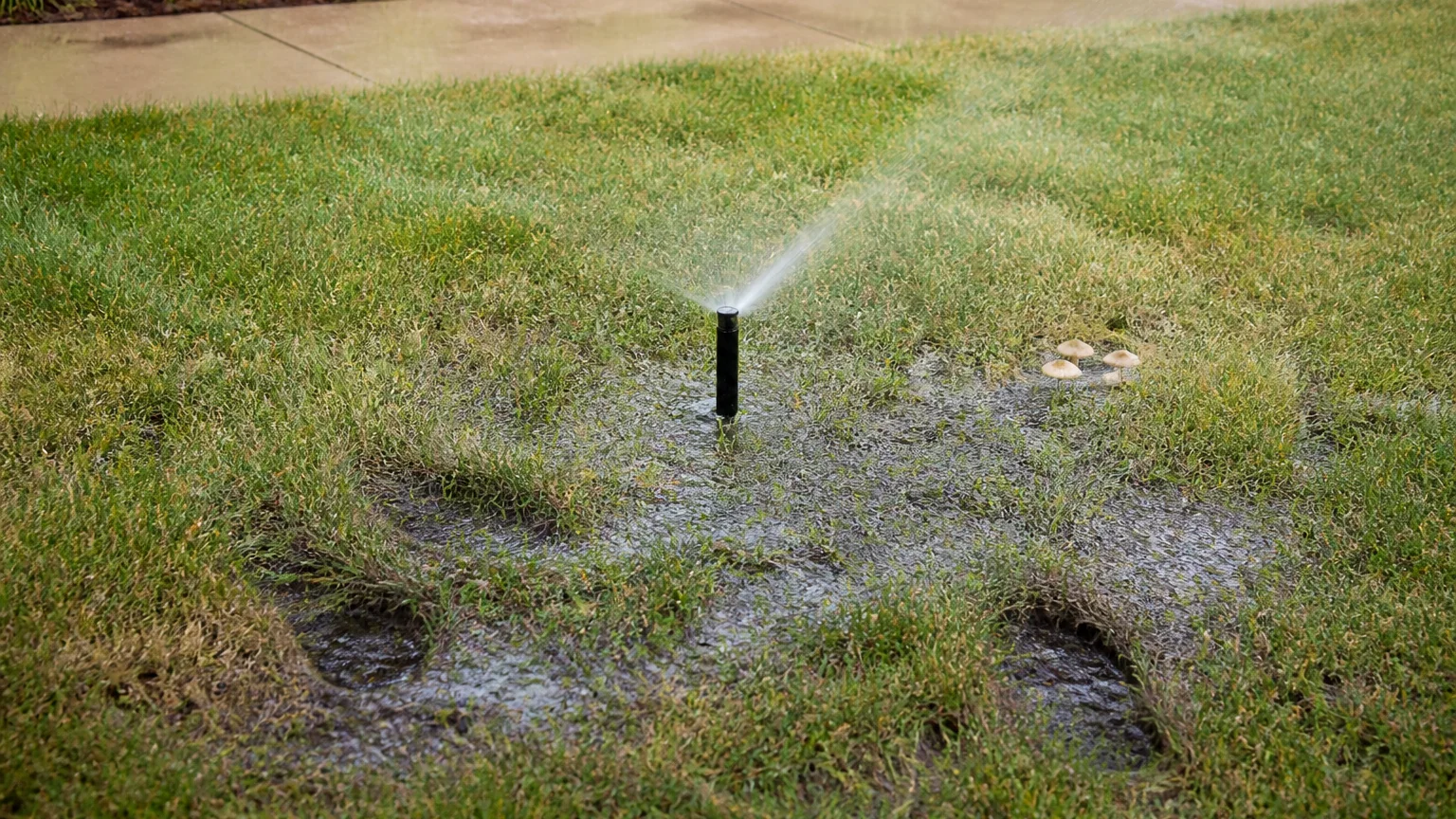 A pop-up sprinkler running over yellowing lawn where shoe prints remain pressed into saturated turf beside a small cluster of mushrooms