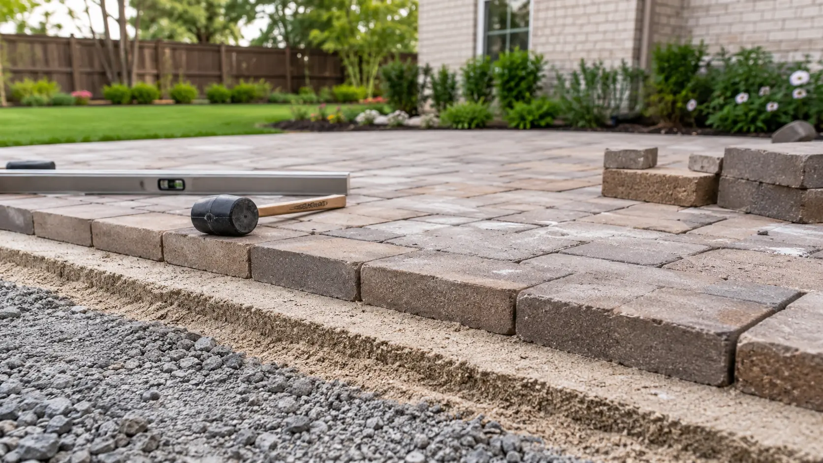 Concrete pavers set on a deep, compacted gravel-and-sand base, the layered base visible along the patio's edge.