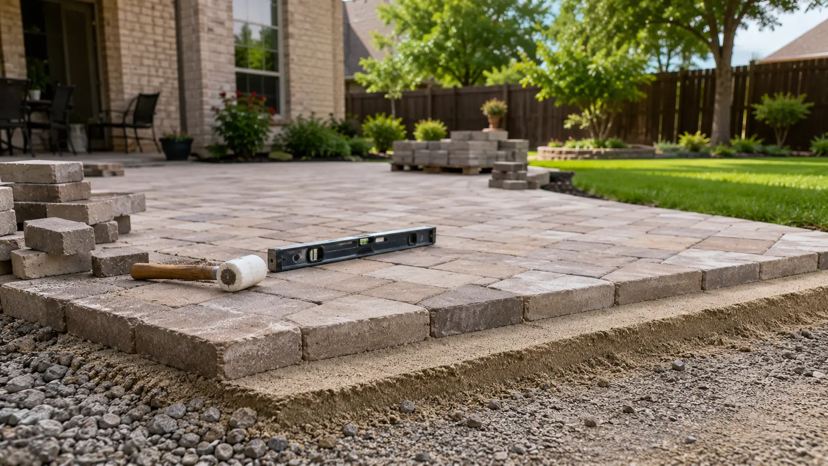Concrete pavers being set in a running-bond pattern on a compacted gravel-and-sand base in a North Texas backyard.