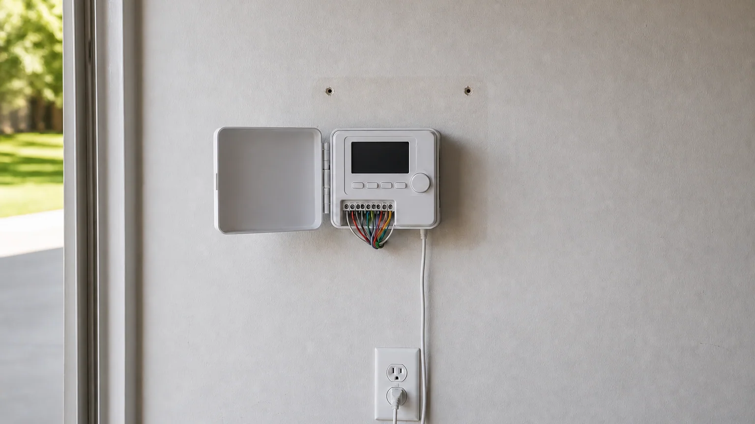 A wall-mounted irrigation controller in a garage with its cover open and thin color-coded wires landing on its terminal strip
