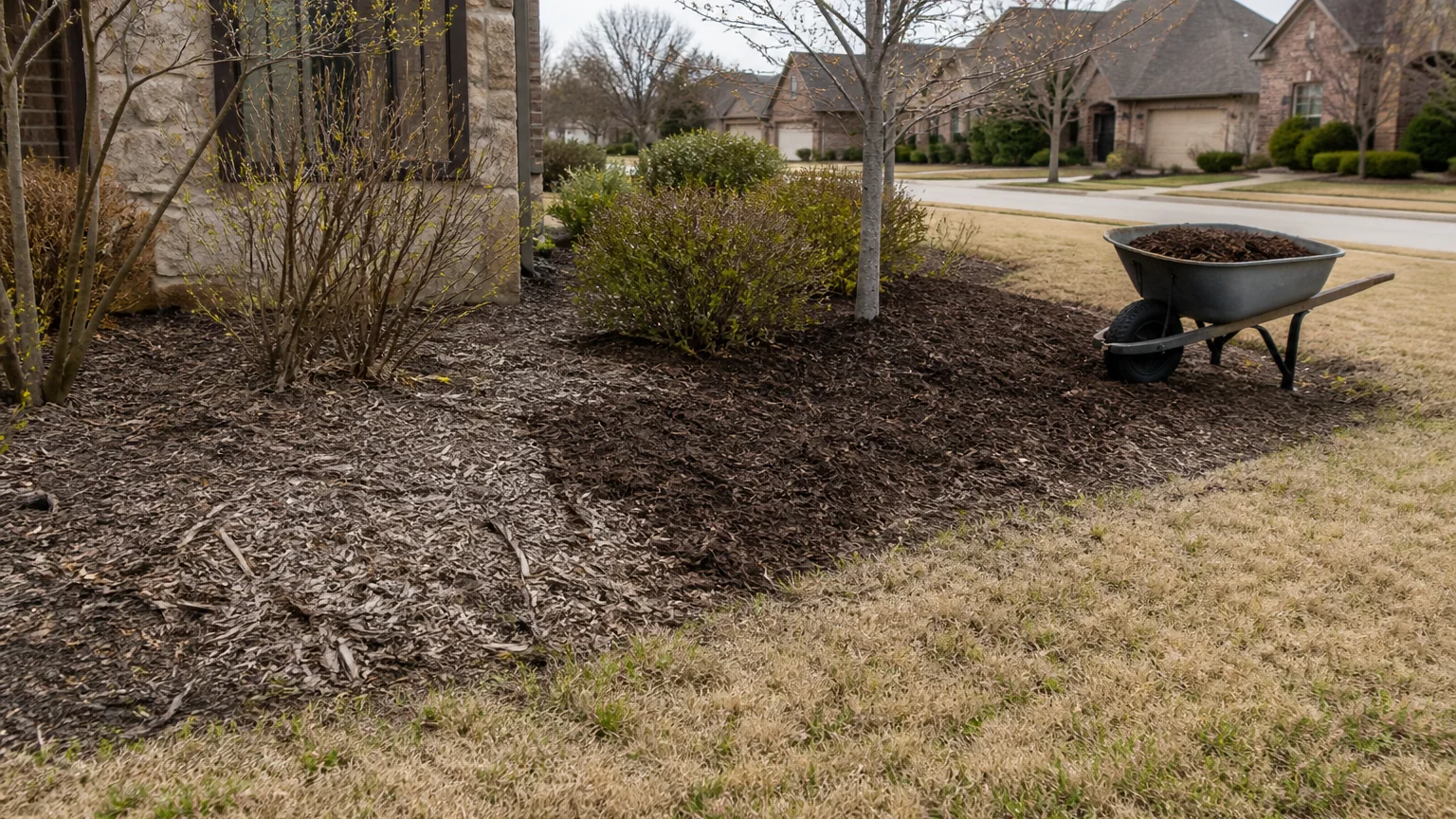 An early-spring planting bed midway through a mulch refresh, with weathered mulch beside a darker fresh layer and a wheelbarrow nearby