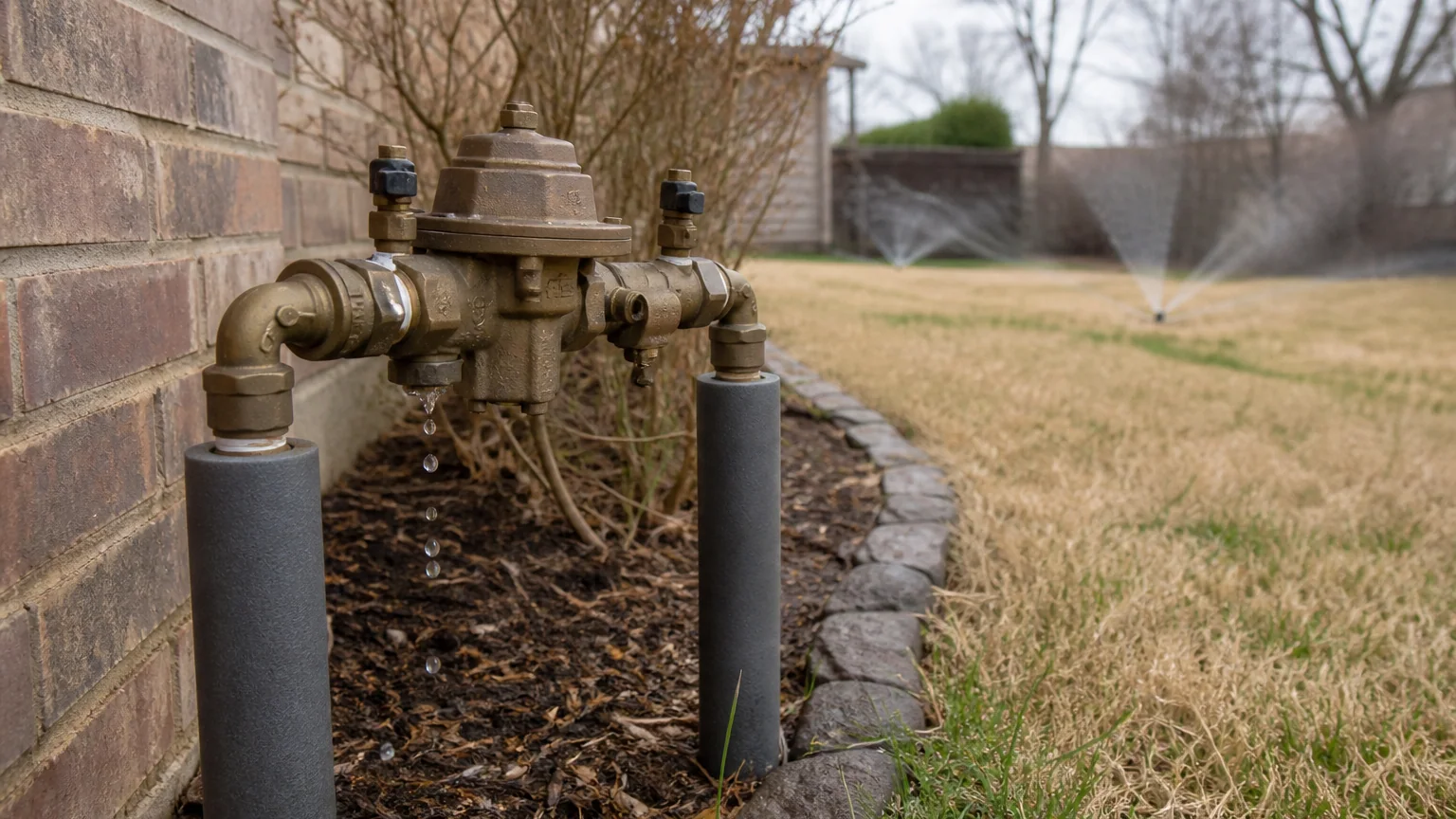 A residential irrigation backflow assembly dripping beside a brick wall while irrigation spray crosses a partly dormant lawn