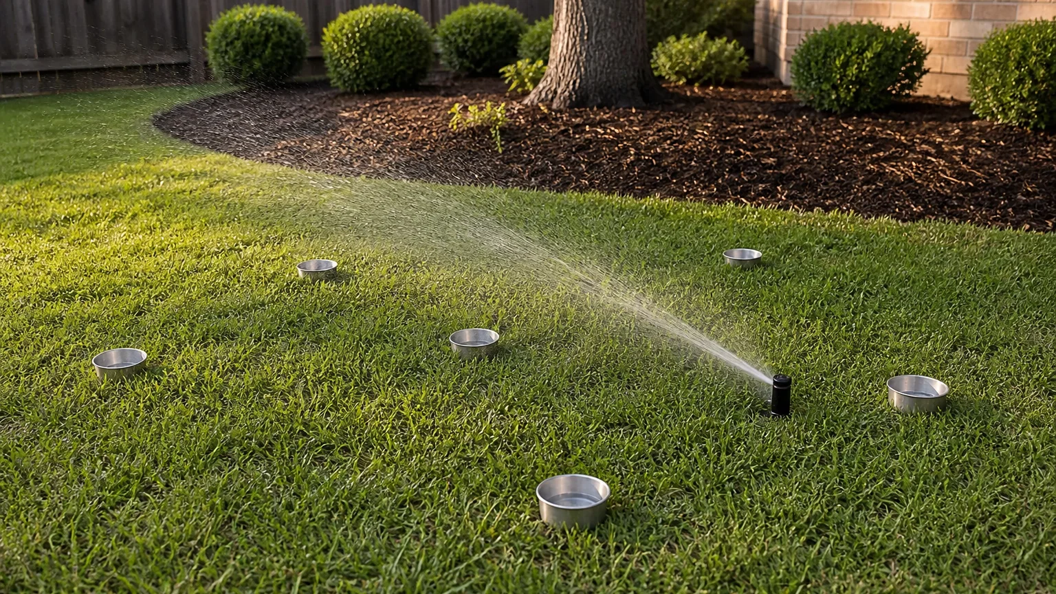 Six shallow metal catch cups spaced across a lawn while a pop-up sprinkler runs, with a freshly mulched tree bed behind them