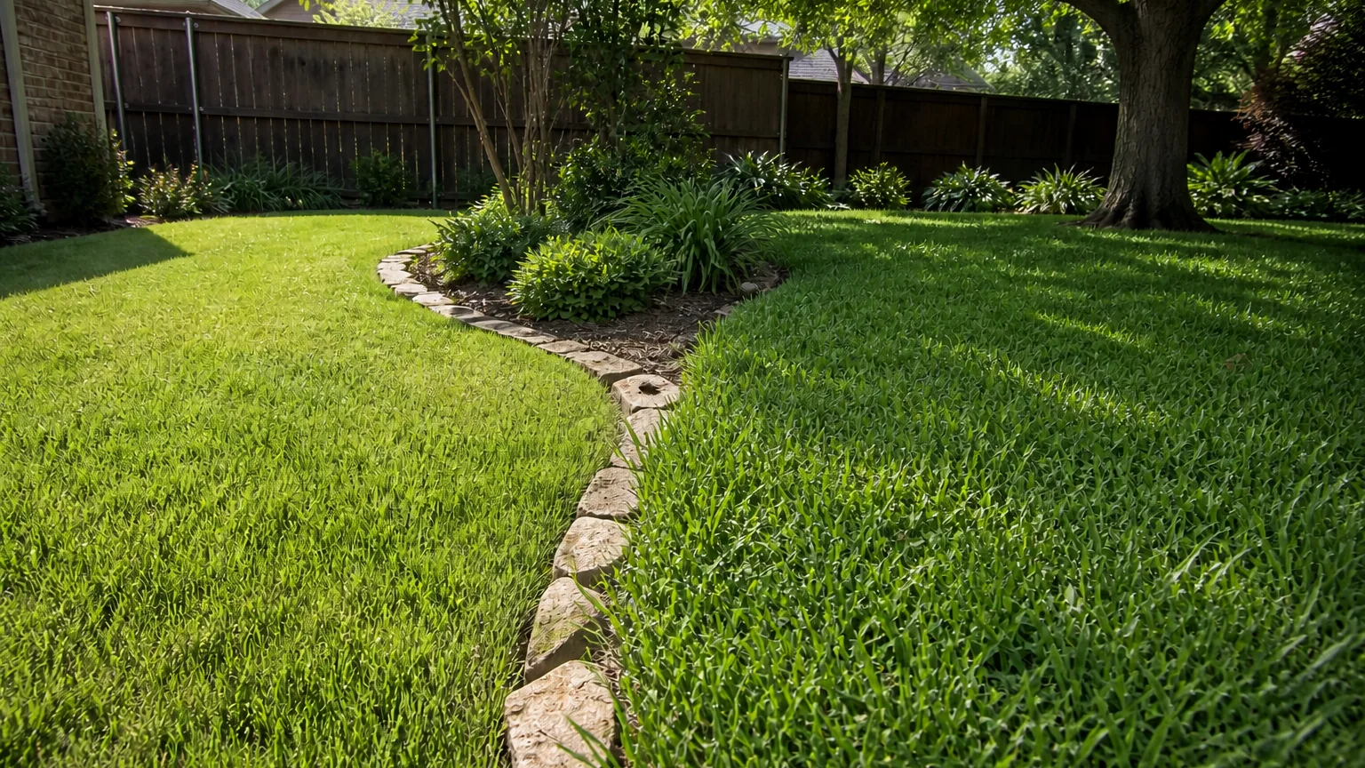Two separate backyard lawn zones with different blade textures, one in open sun and one under a mature shade tree