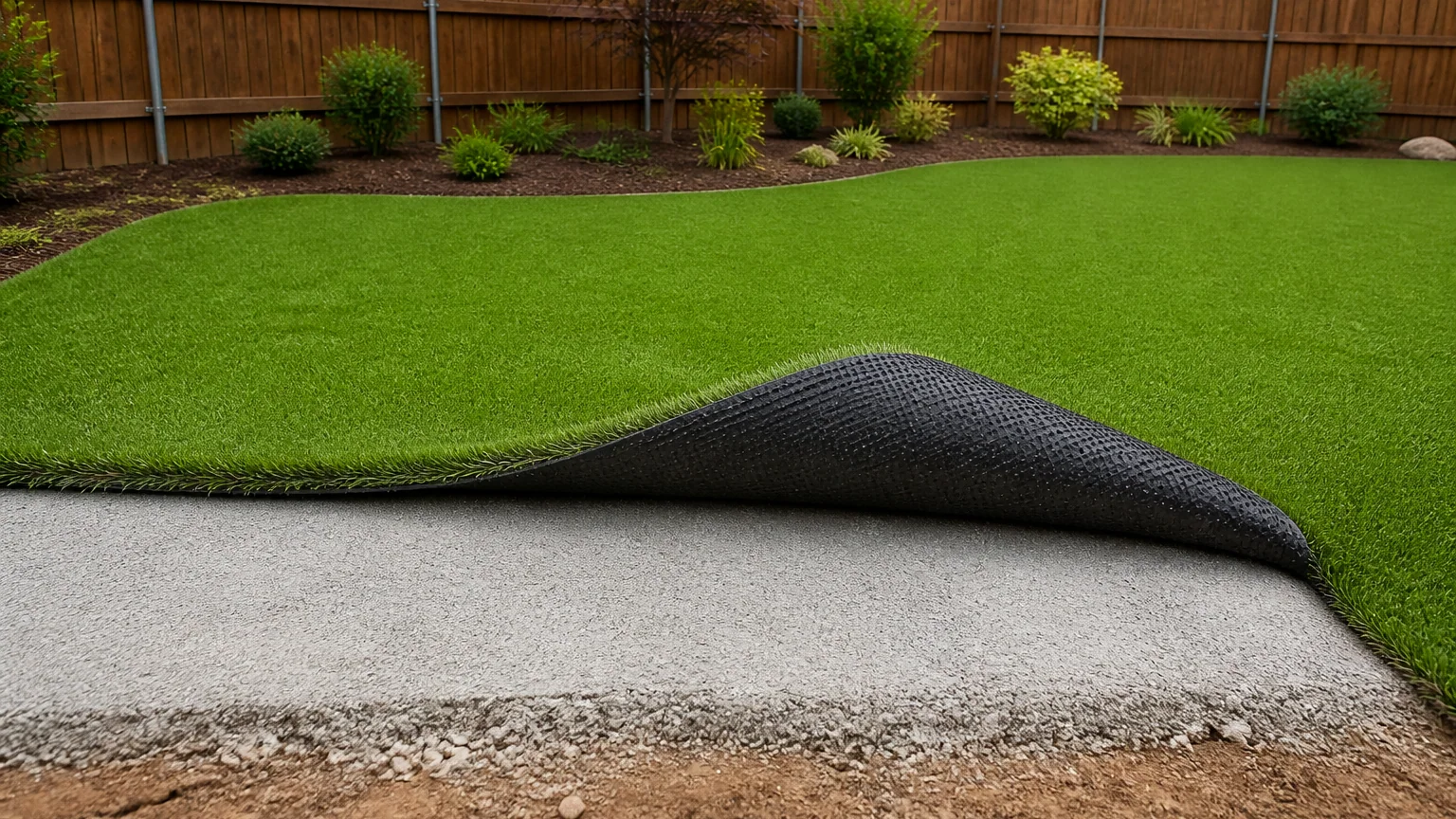 A section of synthetic turf lawn turned back in a fenced backyard, showing its perforated backing and the stone base underneath, its edge crumbling onto bare soil