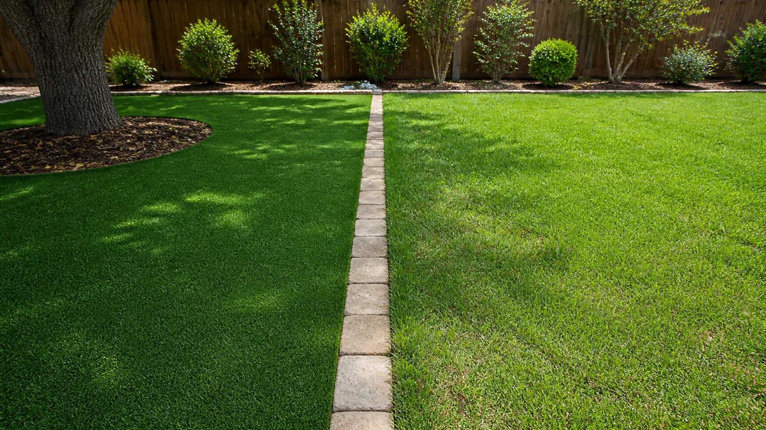 A synthetic turf lawn meeting a real grass lawn along a straight paver border course, the turf in tree shade on one side and living grass in open light on the other