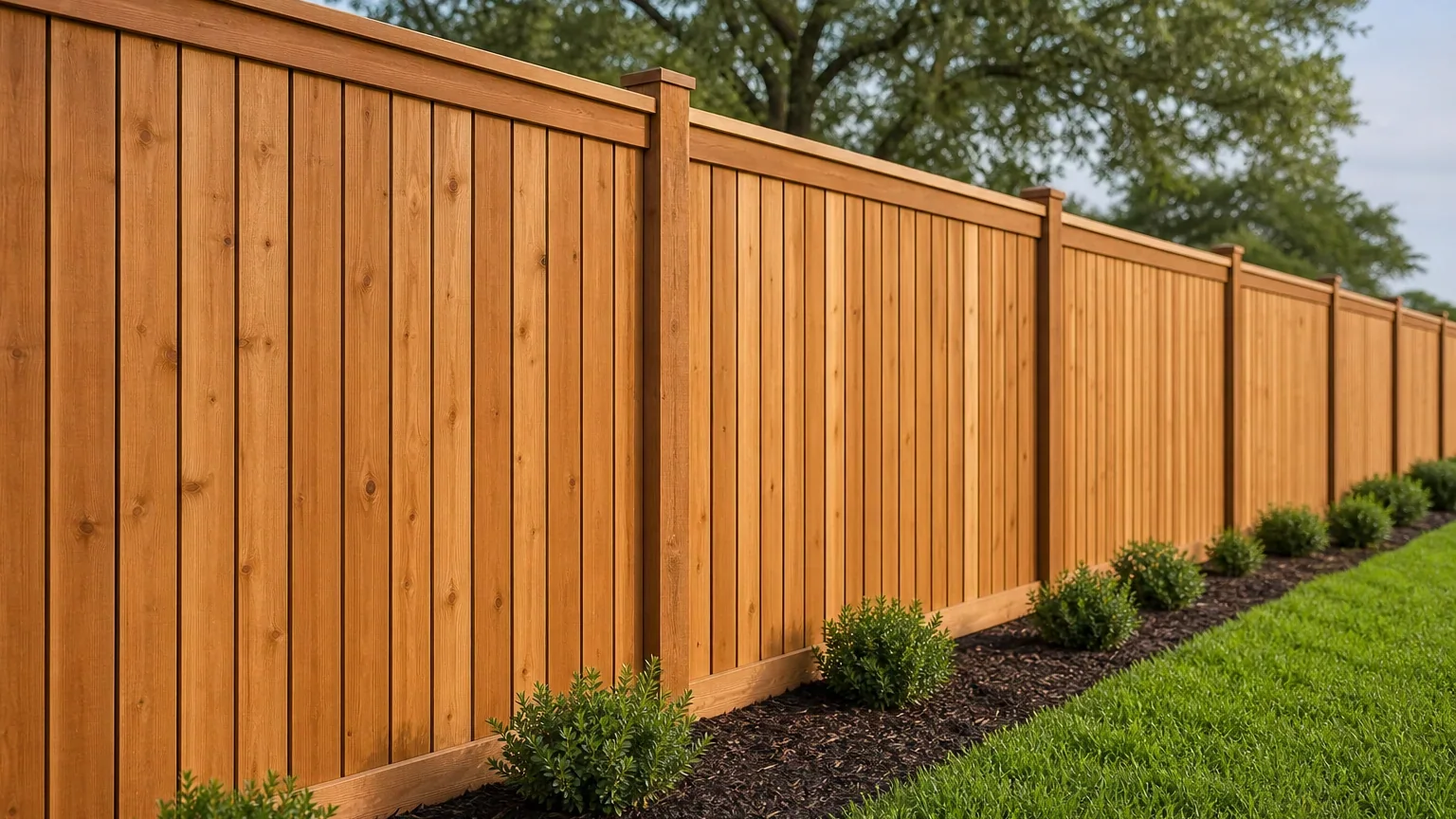 A new wood privacy fence with level boards and plumb posts running beside a mulched bed of shrubs